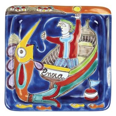 Squared Plate Fisherman De Simone pottery 20x20 DS 24 Squared Plate Fisherman De Simone pottery 20x20 DS 24